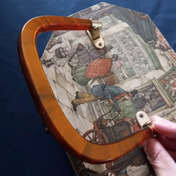 Vintage Victorian Decoupage Lucite Wood Tone Handle Trinket Box Handbag Purse - Picture 10 of 15